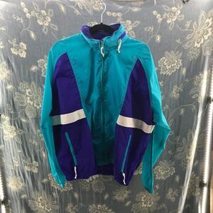Vintage 90s Woolrich men's purple & aqua hidden hood windbreaker size L